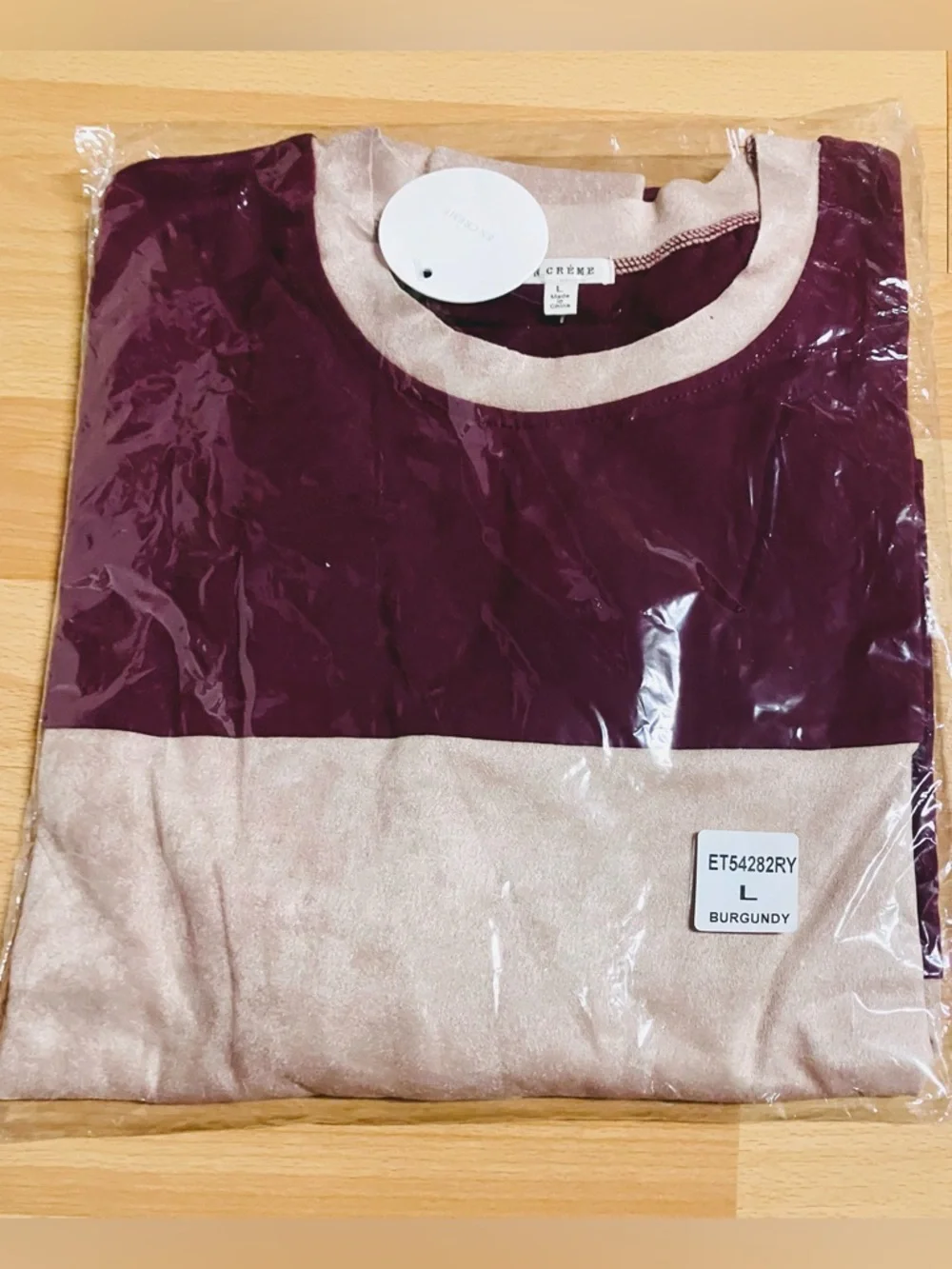 Maroon & Cream Faux Suede Colorblock Crop Pullover Long Sleeve Top: L